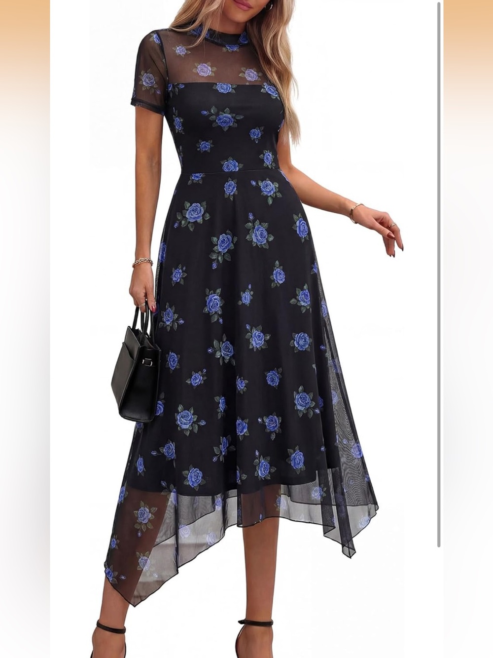 #77 Pretty Garden Floral Mesh Midi Dress with Blue Rose Print